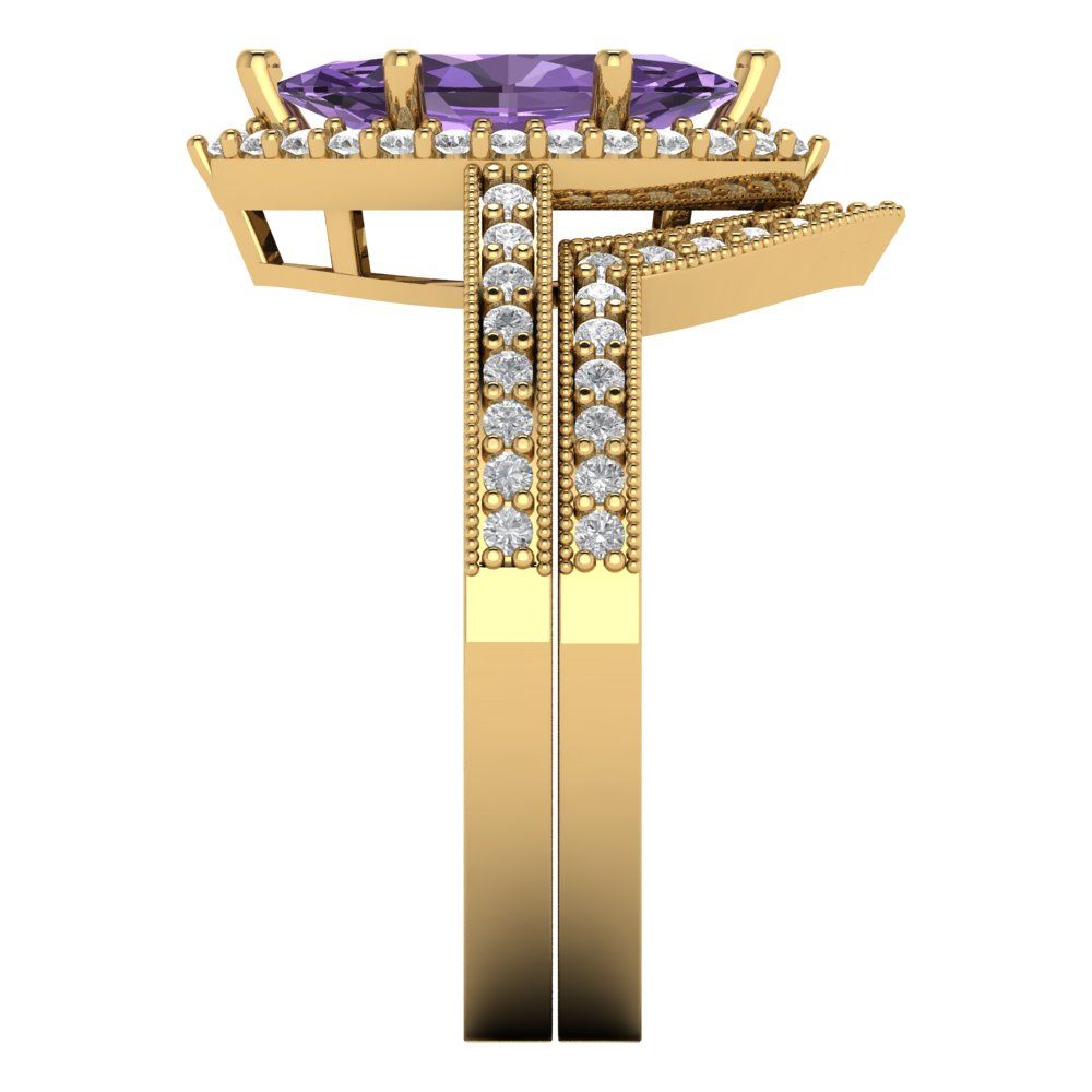 2.4875 cttw Marquise Cut Simulated Alexandrite Bridal Set - Solid Yellow Gold Engagement Ring & Wedding Band