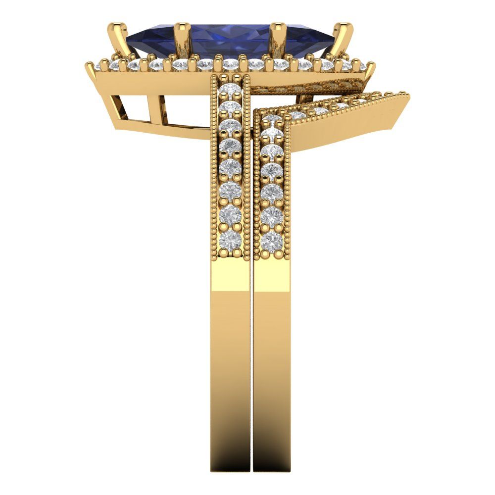 2.4875 cttw Marquise Cut Simulated Blue Sapphire Bridal Set - Solid Yellow Gold Engagement Ring & Wedding Band