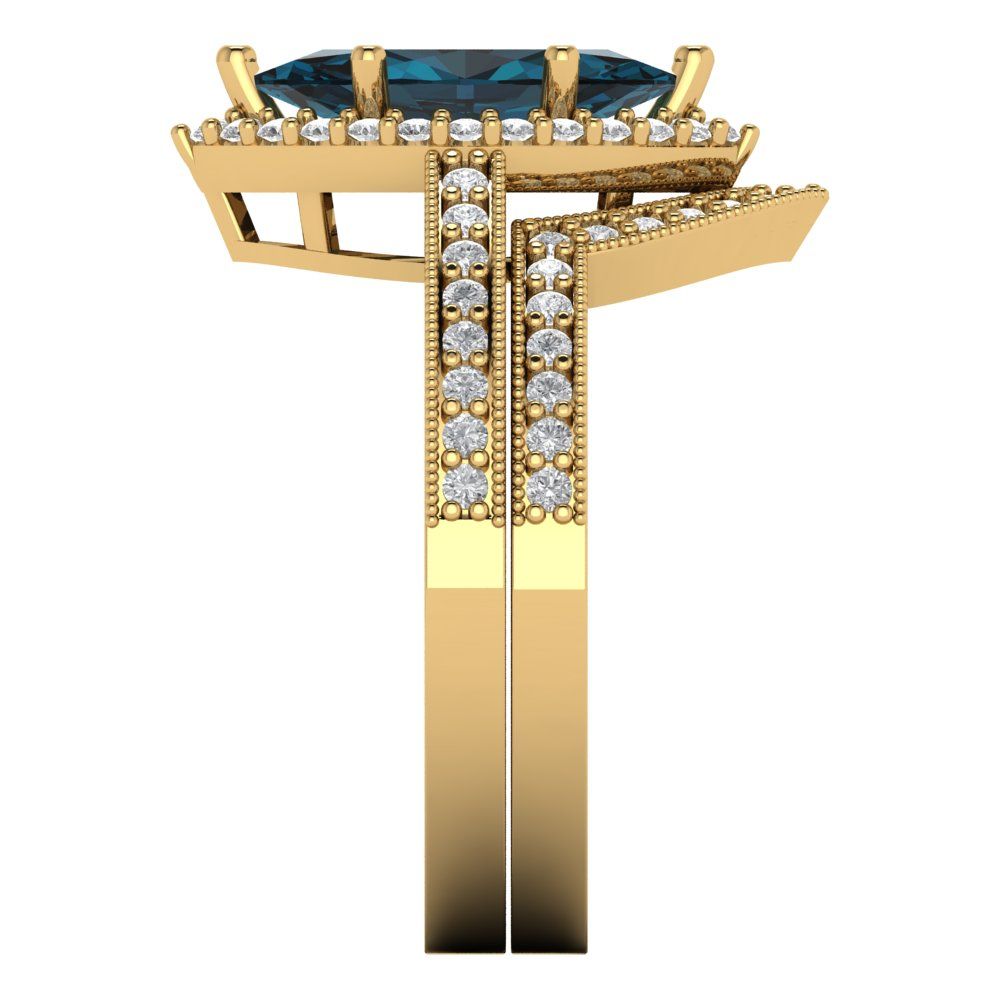 2.4875 cttw Marquise Cut Natural London Blue Topaz Bridal Set - Solid Yellow Gold Engagement Ring & Wedding Band