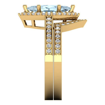 2.4875 cttw Marquise Cut Natural Swiss Blue Topaz Bridal Set - Solid Yellow Gold Engagement Ring & Wedding Band