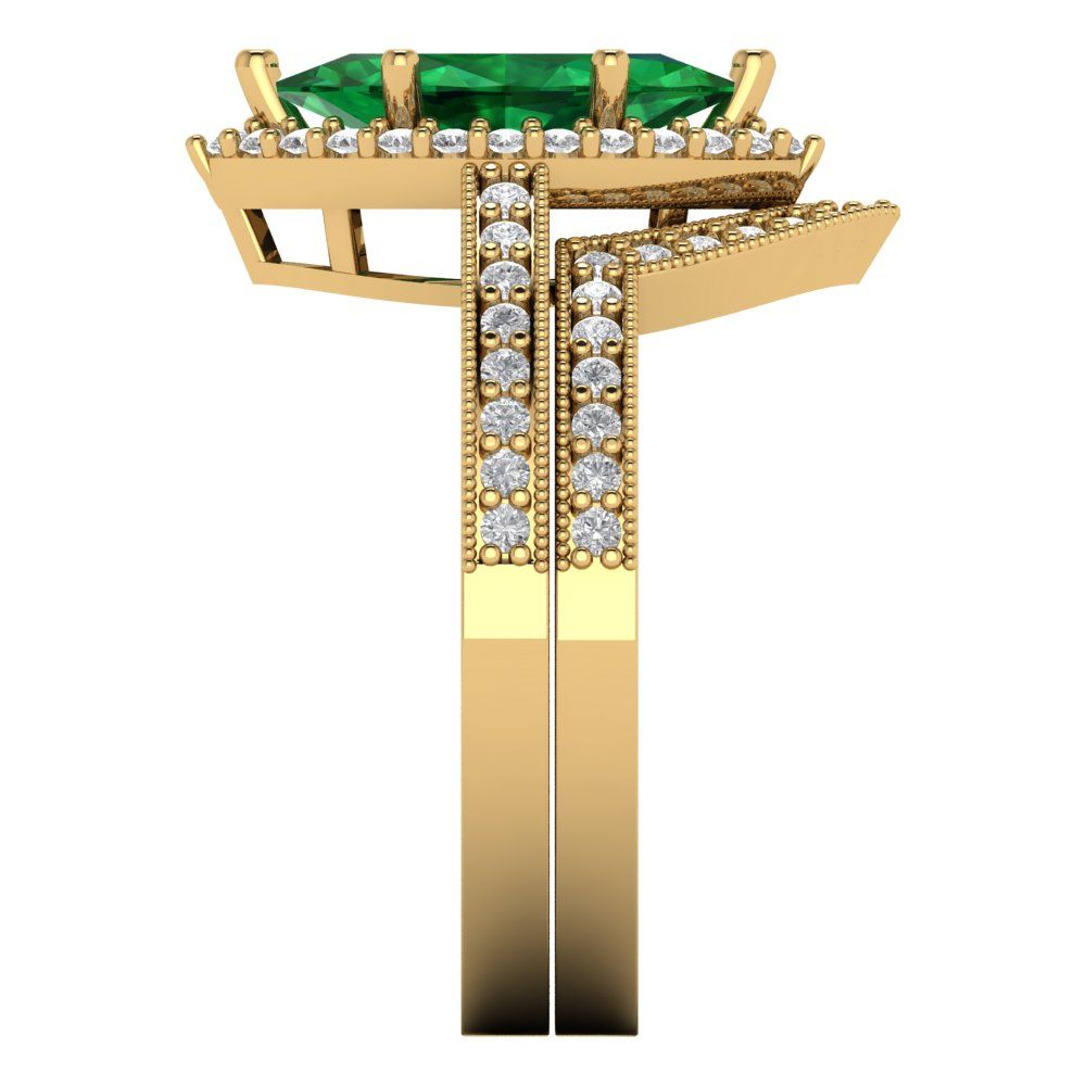 2.4875 cttw Marquise Cut Simulated Emerald Bridal Set - Solid Yellow Gold Engagement Ring & Wedding Band