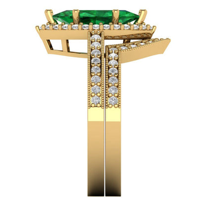 2.4875 cttw Marquise Cut Simulated Emerald Bridal Set - Solid Yellow Gold Engagement Ring & Wedding Band