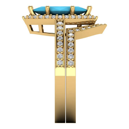 2.4875 cttw Marquise Cut Simulated Turquoise Bridal Set - Solid Yellow Gold Engagement Ring & Wedding Band