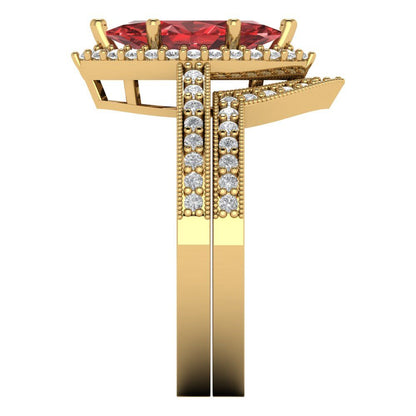 2.4875 cttw Marquise Cut Natural Garnet Bridal Set - Solid Yellow Gold Engagement Ring & Wedding Band