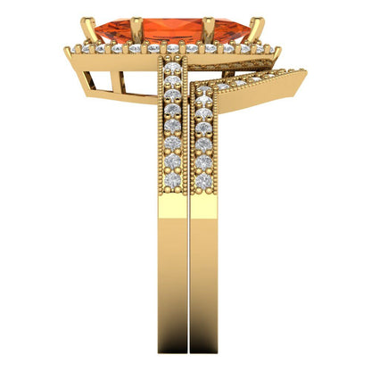 2.4875 cttw Marquise Cut Simulated Red Diamond Bridal Set - Solid Yellow Gold Engagement Ring & Wedding Band