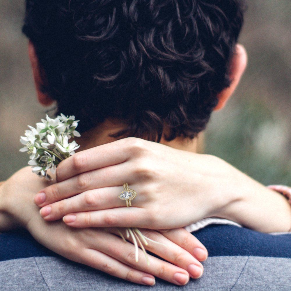 2.4875 cttw Marquise Cut Zirconia Simulated Diamond Bridal Set - Solid Yellow Gold Engagement Ring & Wedding Band