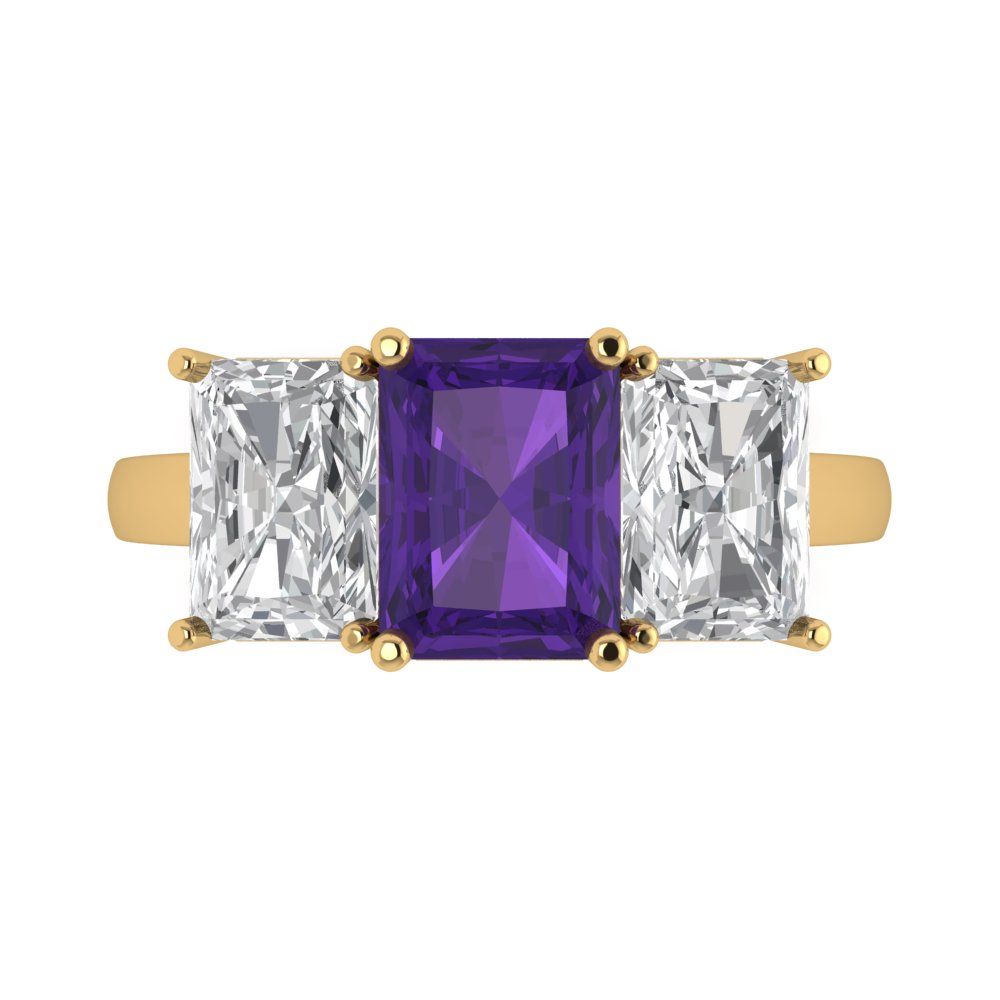4 cttw Natural Amethyst Three-Stone Engagement Ring - Solid Gold (Emerald Cut,8x6mm)