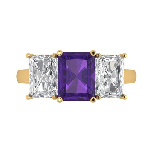 4 cttw Natural Amethyst Three-Stone Engagement Ring - Solid Yellow Gold (VVS1, Emerald Cut,8x6mm)