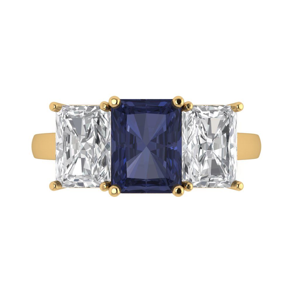 4 cttw Simulated Blue Sapphire Three-Stone Engagement Ring - Solid Gold (Emerald Cut,8x6mm)