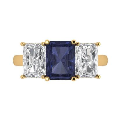 4 cttw Simulated Blue Sapphire Three-Stone Engagement Ring - Solid Gold (Emerald Cut,8x6mm)