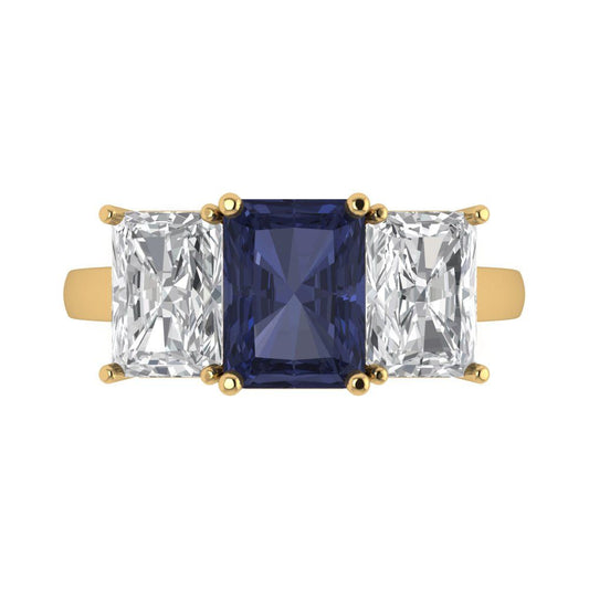 4 cttw Simulated Blue Sapphire Three-Stone Engagement Ring - Solid Yellow Gold (VVS1, Emerald Cut,8x6mm)