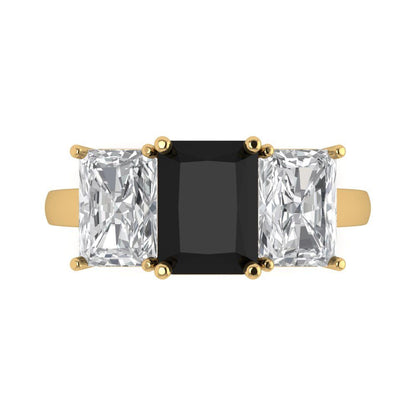 4 cttw Natural Onyx Three-Stone Engagement Ring - Solid Gold (Emerald Cut,8x6mm)