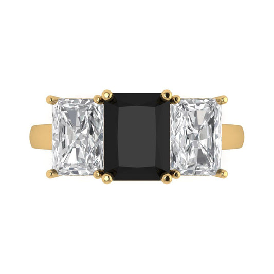 4 cttw Natural Onyx Three-Stone Engagement Ring - Solid Yellow Gold (VVS1, Emerald Cut,8x6mm)