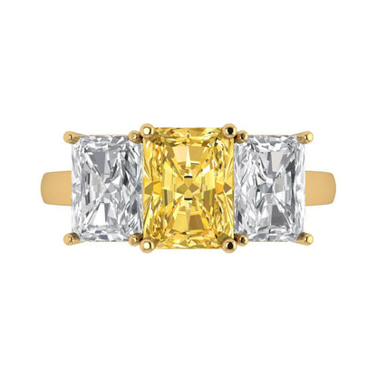 4 cttw Zirconia Simulated Yellow Diamond Three-Stone Engagement Ring - Solid Gold (VVS1, Emerald Cut,8x6mm)