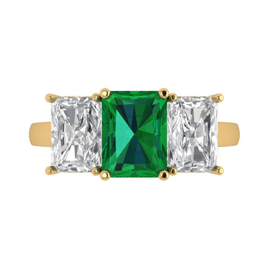 4 cttw Simulated Emerald Three-Stone Engagement Ring - Solid Yellow Gold (VVS1, Emerald Cut,8x6mm)