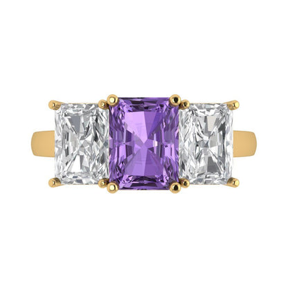4 cttw Simulated Alexandrite Three-Stone Engagement Ring - Solid Gold (Emerald Cut,8x6mm)
