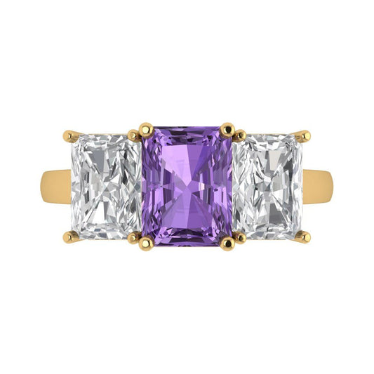 4 cttw Simulated Alexandrite Three-Stone Engagement Ring - Solid Yellow Gold (VVS1, Emerald Cut,8x6mm)
