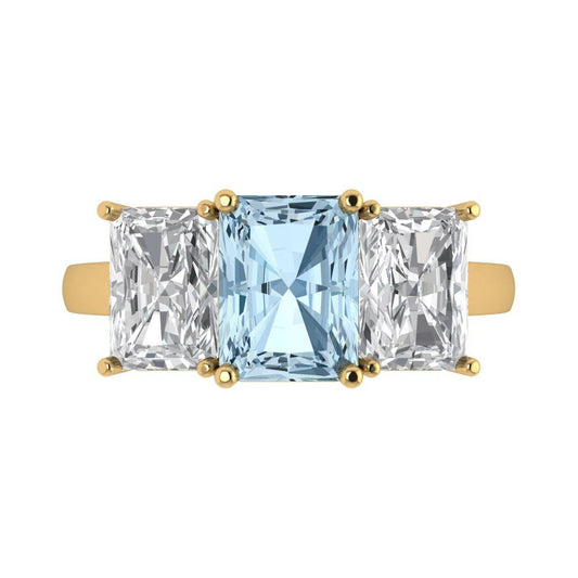 4 cttw Natural Sky Blue Topaz Three-Stone Engagement Ring - Solid Yellow Gold (VVS1, Emerald Cut,8x6mm)