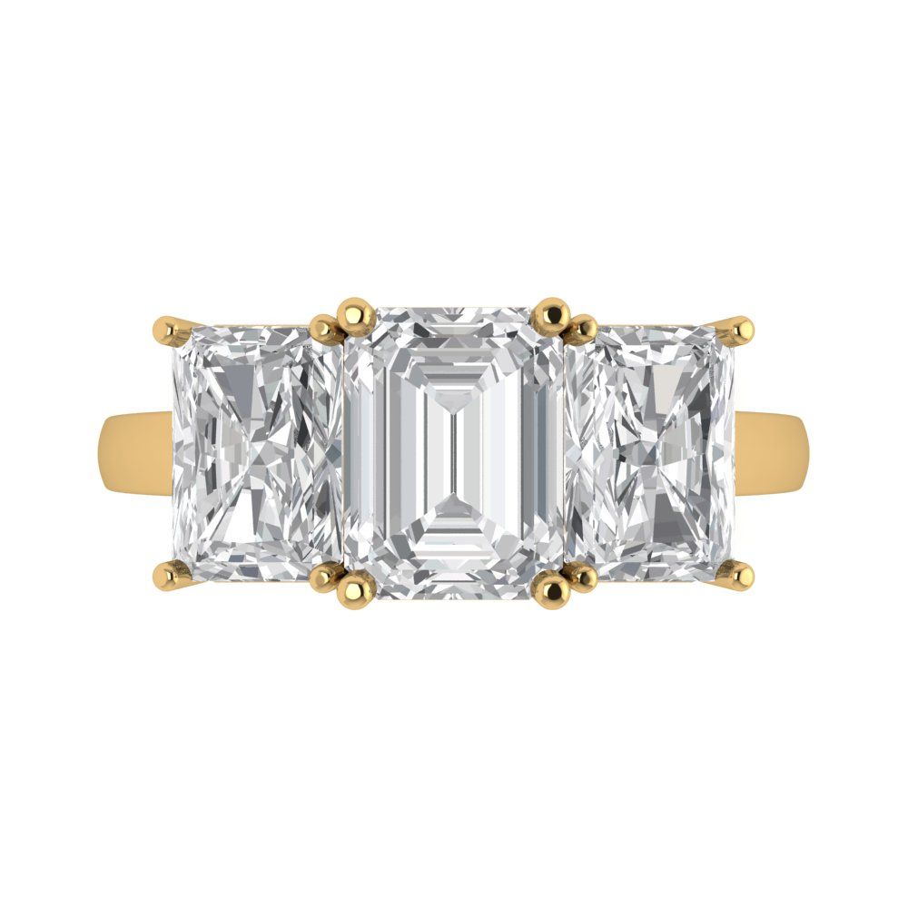 4 cttw White Sapphire Three-Stone Engagement Ring - Solid Yellow Gold (VVS1, Emerald Cut,8x6mm)