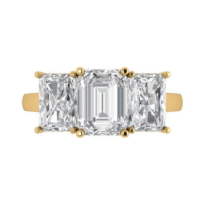 4 cttw White Sapphire Three-Stone Engagement Ring - Solid Yellow Gold (VVS1, Emerald Cut,8x6mm)