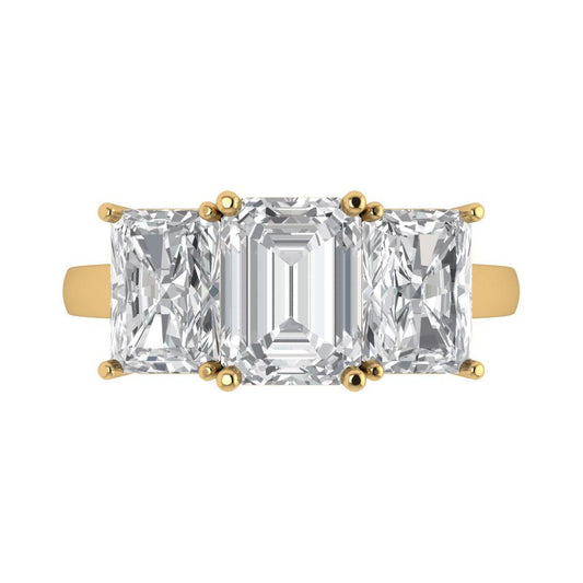 4 cttw White Sapphire Three-Stone Engagement Ring - Solid Yellow Gold (VVS1, Emerald Cut,8x6mm)