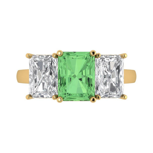 4 cttw Zirconia Simulated Green Diamond Three-Stone Engagement Ring - Solid Yellow Gold (VVS1, Emerald Cut,8x6mm)