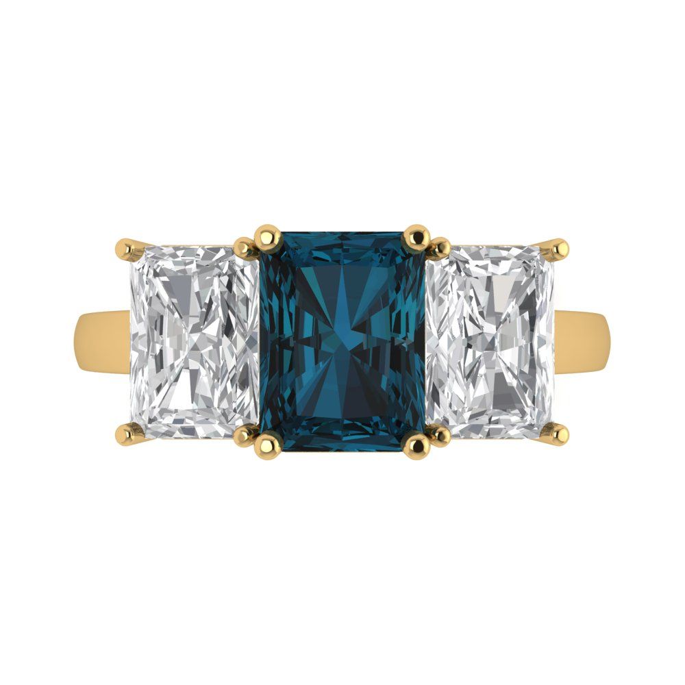 4 cttw Natural London Blue Topaz Three-Stone Engagement Ring - Solid Gold (Emerald Cut,8x6mm)
