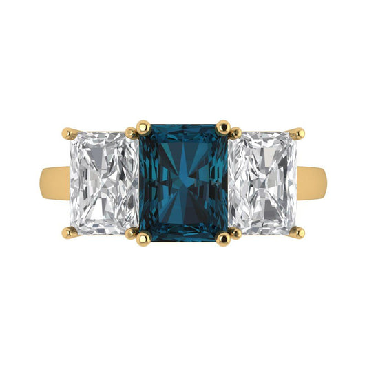 4 cttw Natural London Blue Topaz Three-Stone Engagement Ring - Solid Yellow Gold (VVS1, Emerald Cut,8x6mm)