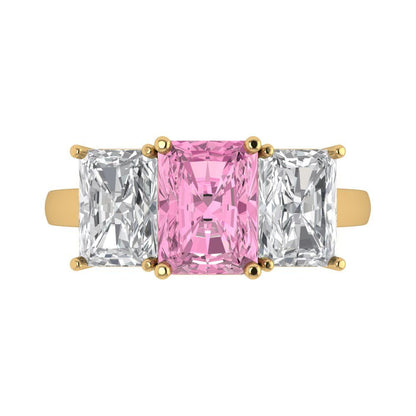 4 cttw Zirconia Simulated Pink Diamond Three-Stone Engagement Ring - Solid Gold (VVS1, Emerald Cut,8x6mm)