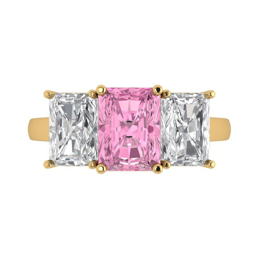 4 cttw Zirconia Simulated Pink Diamond Three-Stone Engagement Ring - Solid Yellow Gold (VVS1, Emerald Cut,8x6mm)