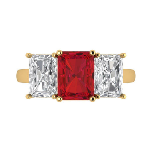 4 cttw Simulated Pink Tourmaline Three-Stone Engagement Ring - Solid Yellow Gold (VVS1, Emerald Cut,8x6mm)