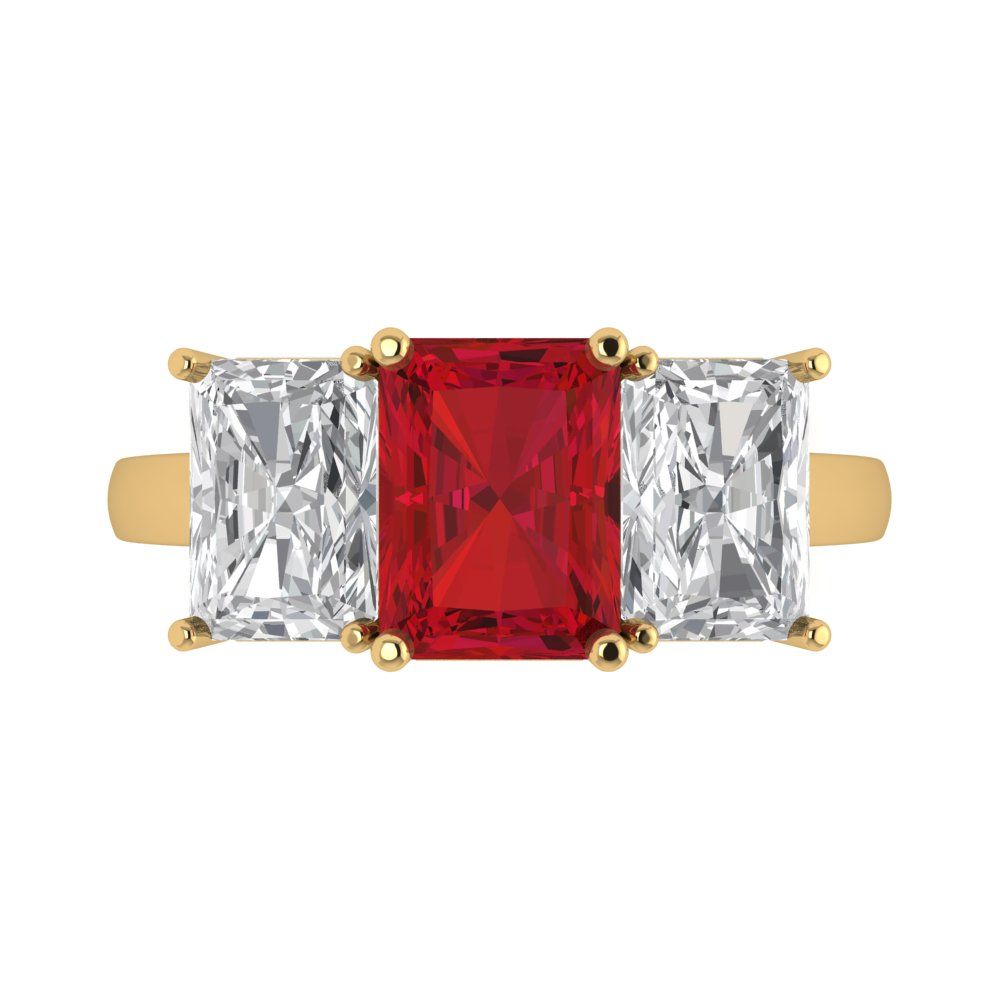 4 cttw Simulated Ruby Three-Stone Engagement Ring - Solid Yellow Gold (VVS1, Emerald Cut,8x6mm)