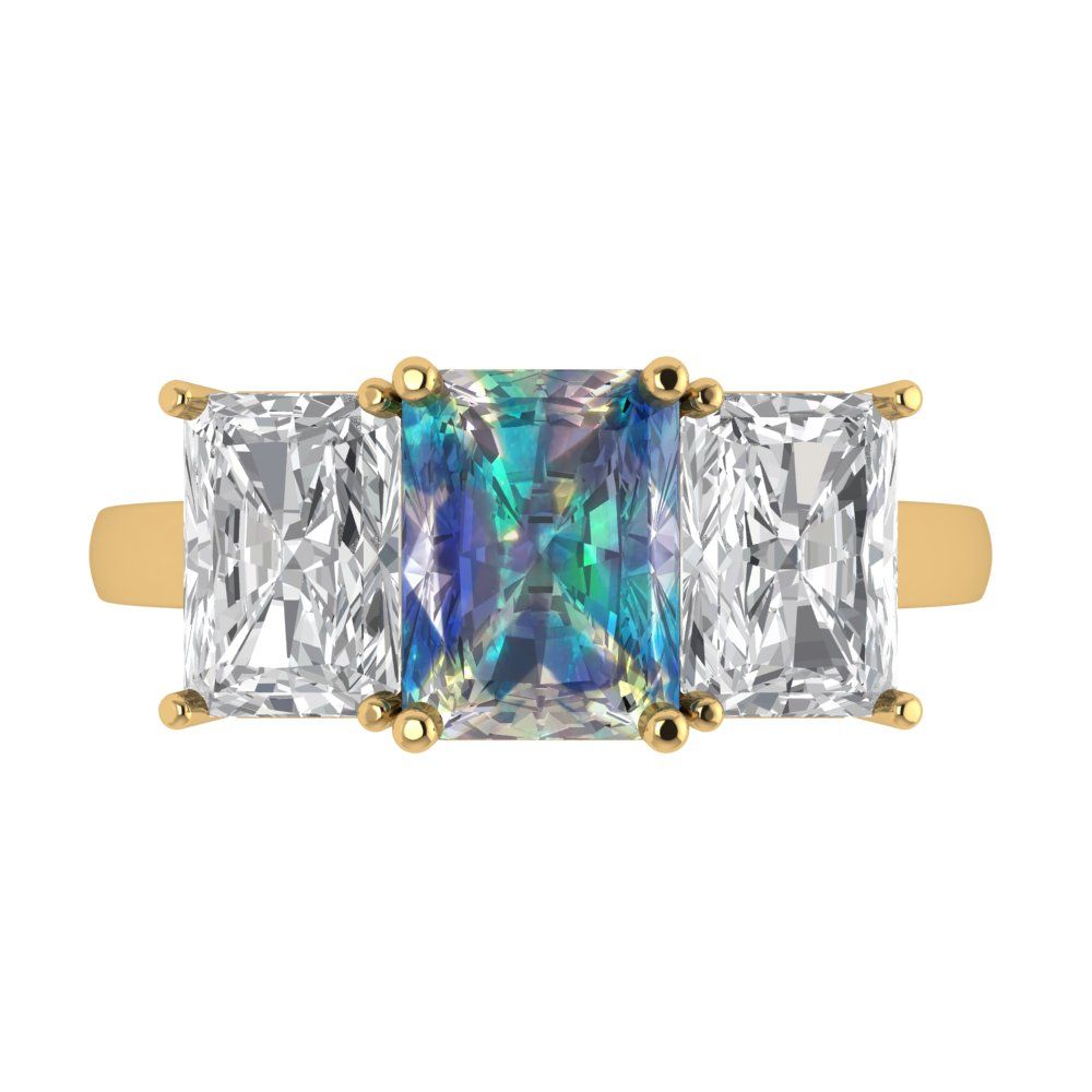 4 cttw Blue Moissanite Three-Stone Engagement Ring - Solid Gold (Emerald Cut,8x6mm)