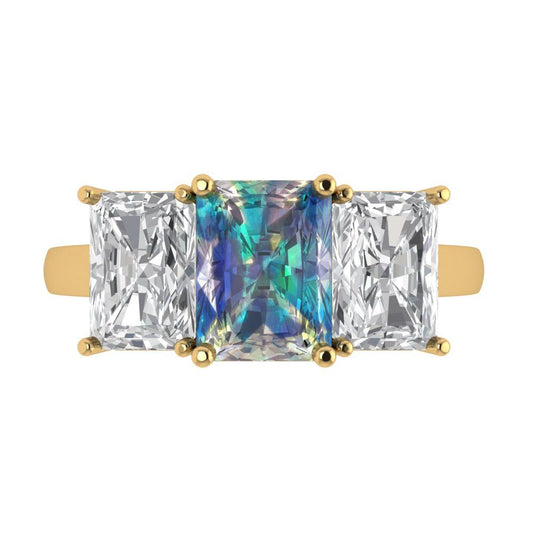 4 cttw Blue Moissanite Three-Stone Engagement Ring - Solid Yellow Gold (VVS1, Emerald Cut,8x6mm)
