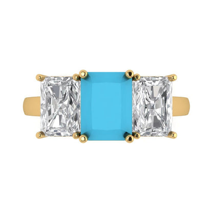 4 cttw Simulated Turquoise Three-Stone Engagement Ring - Solid Gold (Emerald Cut,8x6mm)