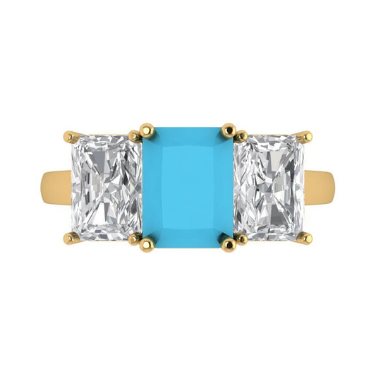 4 cttw Simulated Turquoise Three-Stone Engagement Ring - Solid Yellow Gold (VVS1, Emerald Cut,8x6mm)