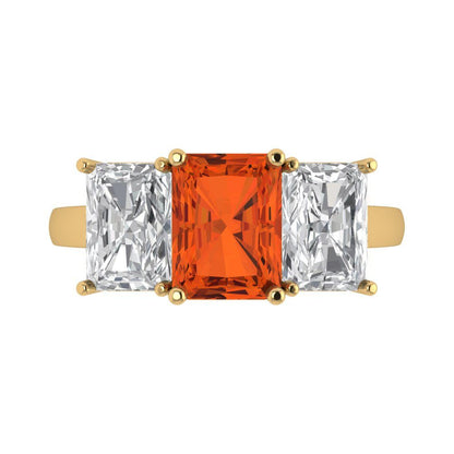 4 cttw Zirconia Simulated Red Diamond Three-Stone Engagement Ring - Solid Yellow Gold (VVS1, Emerald Cut,8x6mm)