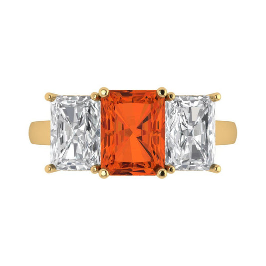 4 cttw Zirconia Simulated Red Diamond Three-Stone Engagement Ring - Solid Yellow Gold (VVS1, Emerald Cut,8x6mm)