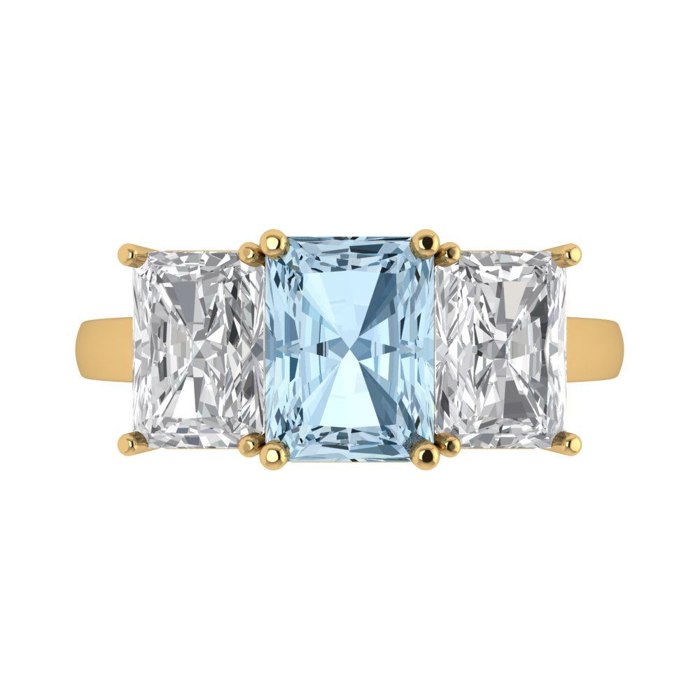 4 cttw Zirconia Simulated Blue Diamond Three-Stone Engagement Ring - Solid Yellow Gold (VVS1, Emerald Cut,8x6mm)