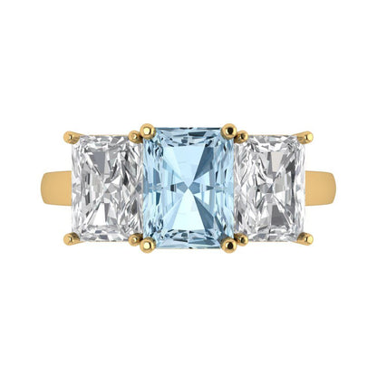 4 cttw Zirconia Simulated Blue Diamond Three-Stone Engagement Ring - Solid Yellow Gold (VVS1, Emerald Cut,8x6mm)