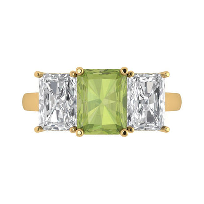 4 cttw Natural Peridot Three-Stone Engagement Ring - Solid Gold (Emerald Cut,8x6mm)