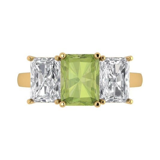 4 cttw Natural Peridot Three-Stone Engagement Ring - Solid Yellow Gold (VVS1, Emerald Cut,8x6mm)
