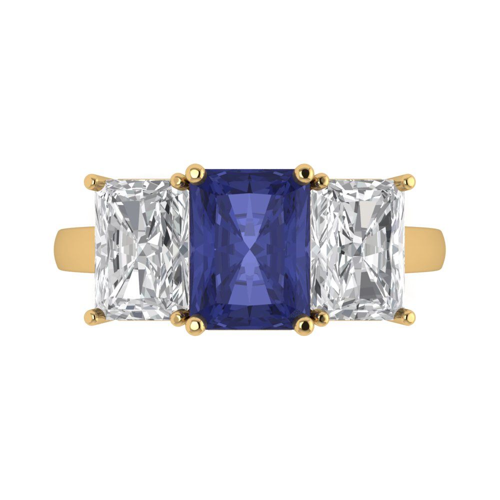 4 cttw Simulated Tanzanite Three-Stone Engagement Ring - Solid Gold (Emerald Cut,8x6mm)