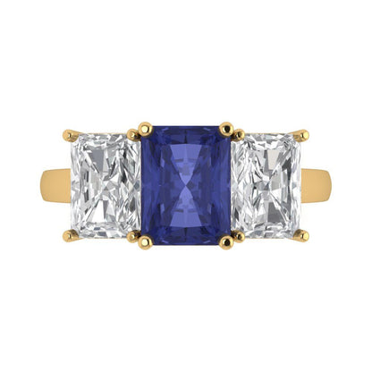 4 cttw Simulated Tanzanite Three-Stone Engagement Ring - Solid Gold (Emerald Cut,8x6mm)
