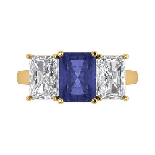 4 cttw Simulated Tanzanite Three-Stone Engagement Ring - Solid Yellow Gold (VVS1, Emerald Cut,8x6mm)