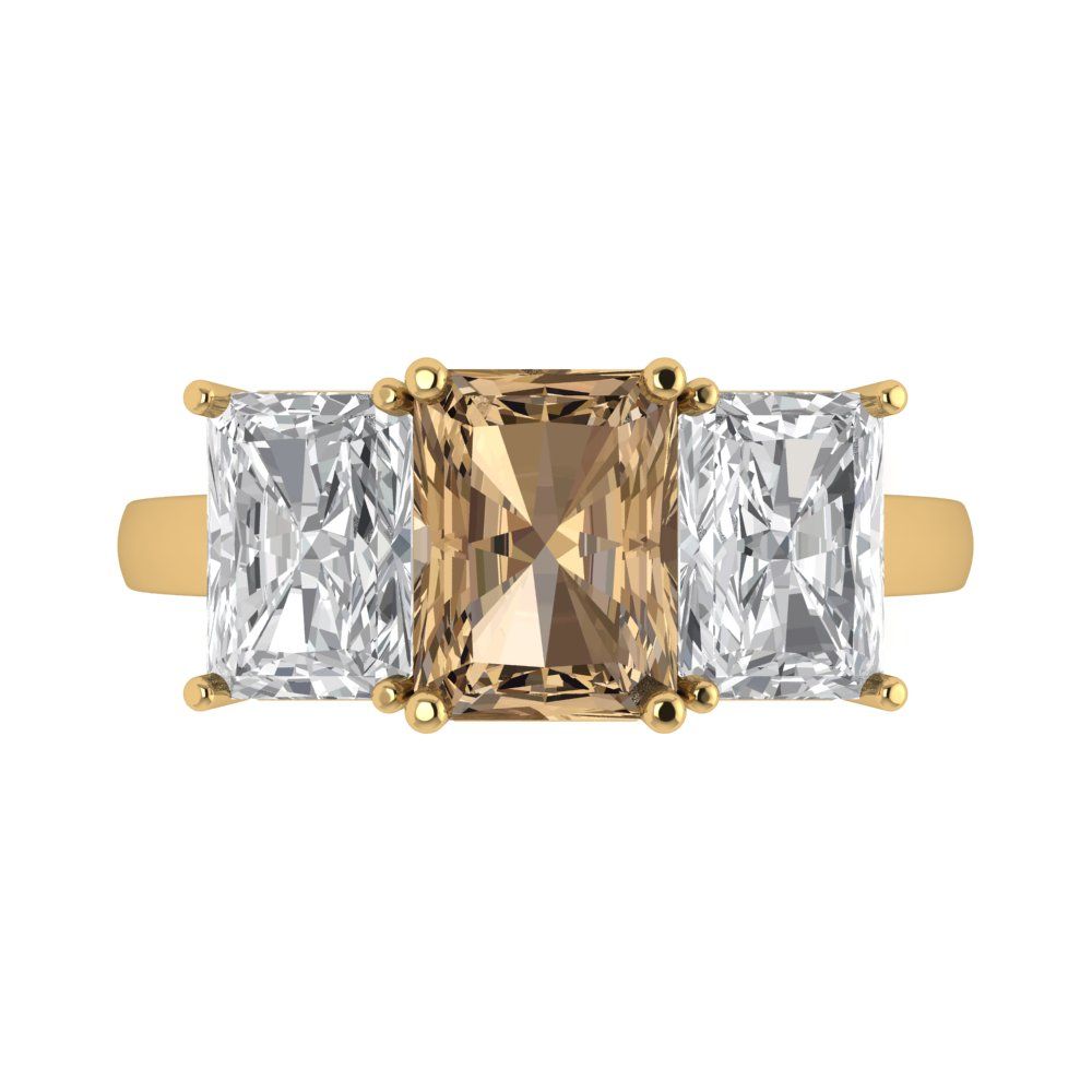4 cttw Zirconia Simulated Champagne Diamond Three-Stone Engagement Ring - Solid Gold (VVS1, Emerald Cut,8x6mm)