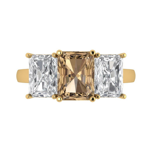 4 cttw Zirconia Simulated Champagne Diamond Three-Stone Engagement Ring - Solid Yellow Gold (VVS1, Emerald Cut,8x6mm)