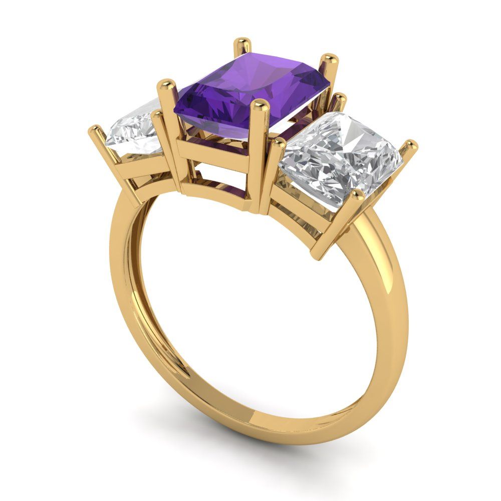 4 cttw Natural Amethyst Three-Stone Engagement Ring - Solid Gold (Emerald Cut,8x6mm)