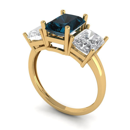 4 cttw Natural London Blue Topaz Three-Stone Engagement Ring - Solid Gold (Emerald Cut,8x6mm)