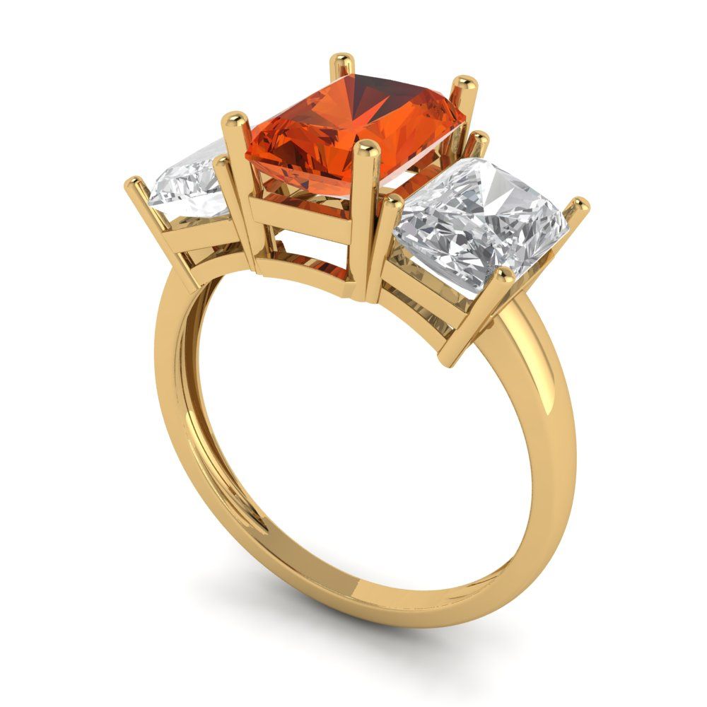 4 cttw Zirconia Simulated Red Diamond Three-Stone Engagement Ring - Solid Yellow Gold (VVS1, Emerald Cut,8x6mm)